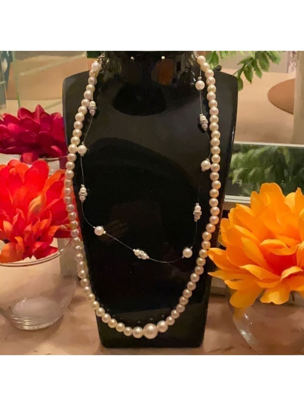 Necklaces Pearl Rhinestone Floating Pearl All Pearl Silver Tone